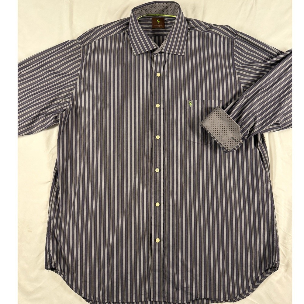 TailorByrd XXL Long Sleeve Button Down Flip Cuff Navy Purple Stripe Flamingo